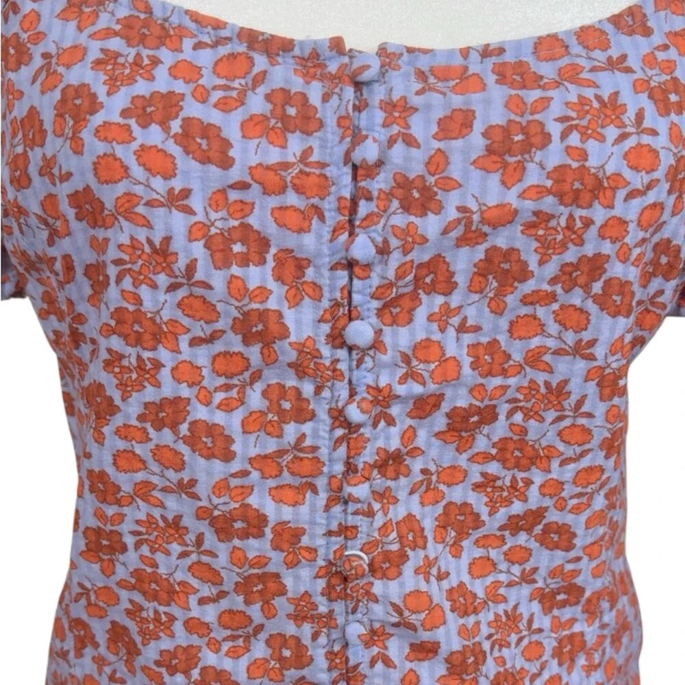 Madewell Floral Puff Sleeve Smocked Back Top Blue Red Size 0